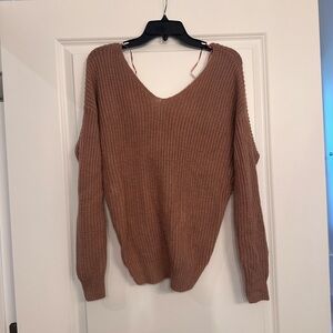 Women's V-Neck Knit Sweater - Brown